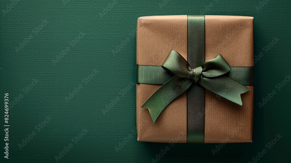 A classic brown gift box with a blank text space on a solid green background, simple and natural.