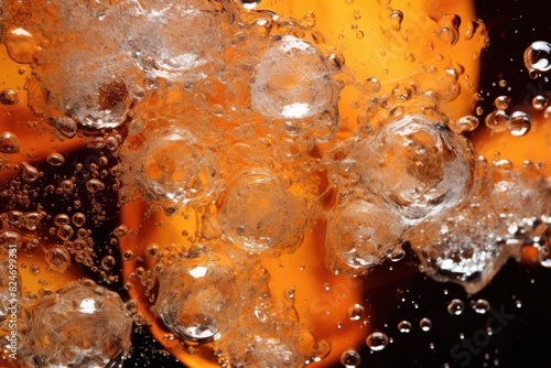 Soda Fizz: Close-up of bubbles fizzing in a carbonated soda.