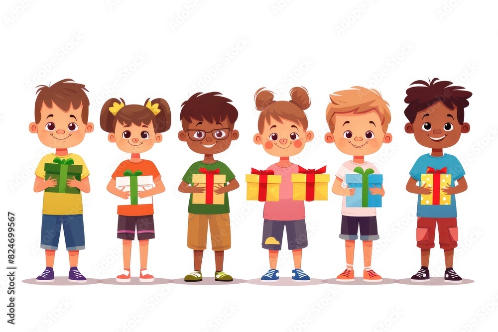 A group of children carrying box gifts and illustrations A group of children carrying box gifts and illustrations