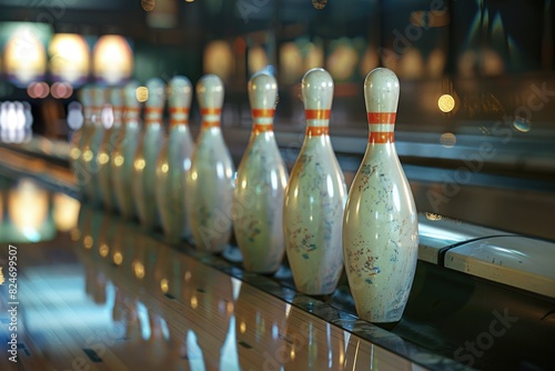 Row of bowling pins on a bowling alley. Perfect for sports or leisure concept