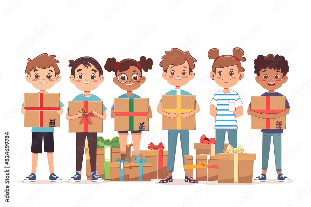 A group of children carrying box gifts and illustrations A group of children carrying box gifts and illustrations