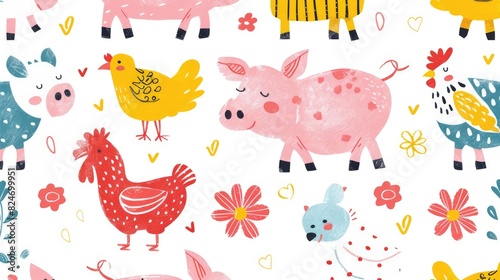 Farmyard fun seamless pattern with cartoon pigs  cows  and chickens in bright primary colors for children s tableware or classroom decorations 