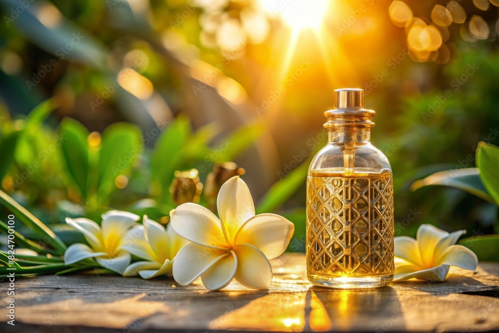 Spa oils in bottles on sunset Spa oils in bottles on sunset