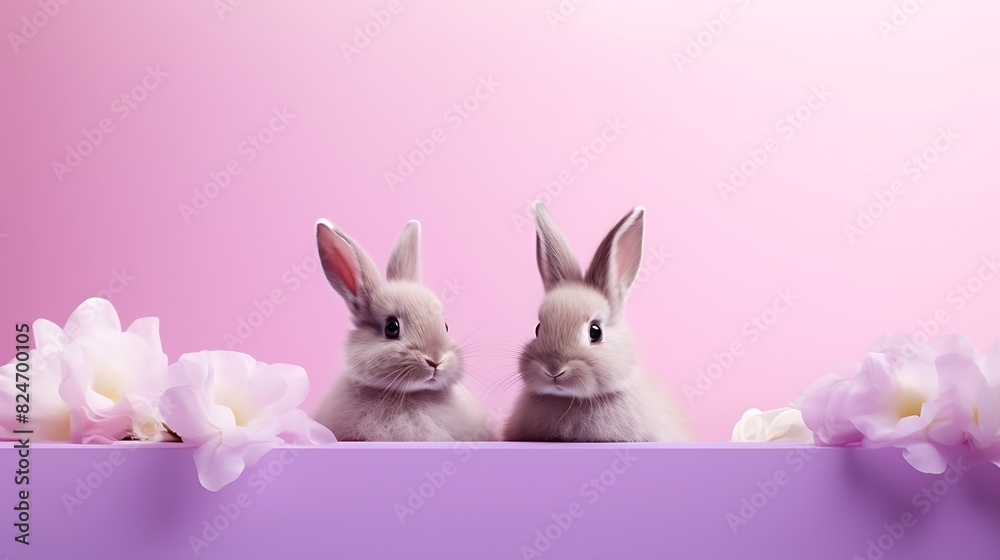 A pink and purple background with bunnies in the corner,There is room for your text