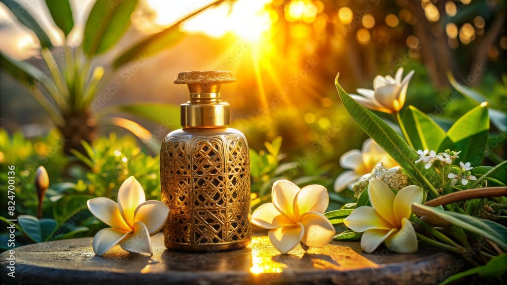 Spa oils in bottles on sunset Spa oils in bottles on sunset