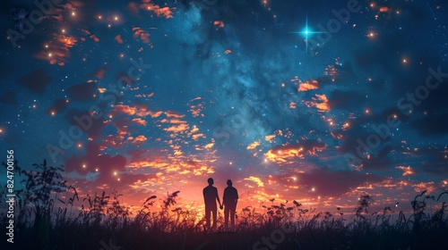 Serene Moments: Affectionate Gay Couple Embracing Under the Starlit Sky © Tanayut