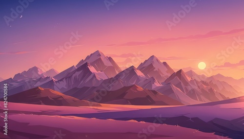 Alpenglow Over Mountain Range at Twilight Vector Art Background