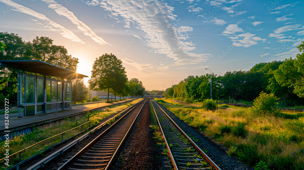 Naklejka premium a railroad station pier in the province. rails, green trees, clear skies. Traveling, waiting.
