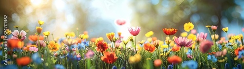 Spring wildflowers flat design front view natural burst theme 3D render vivid