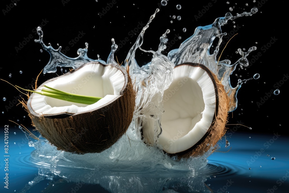 Coconut Water Splash: Dropping a slice of coconut into coconut water. Coconut Water Splash: Dropping a slice of coconut into coconut water.
