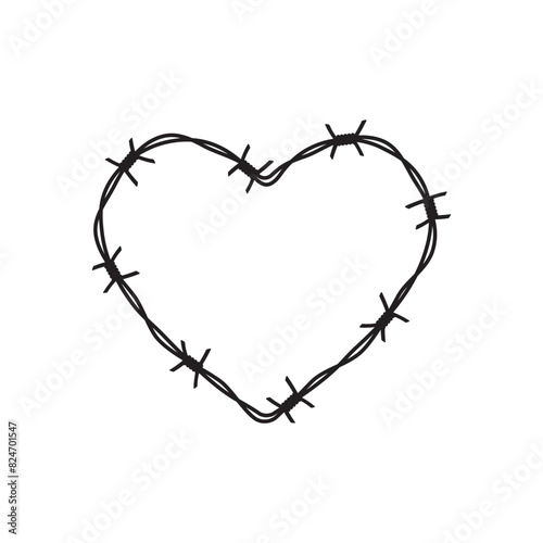 Vector black heart wrapped in barbed wire on a white background.  photo