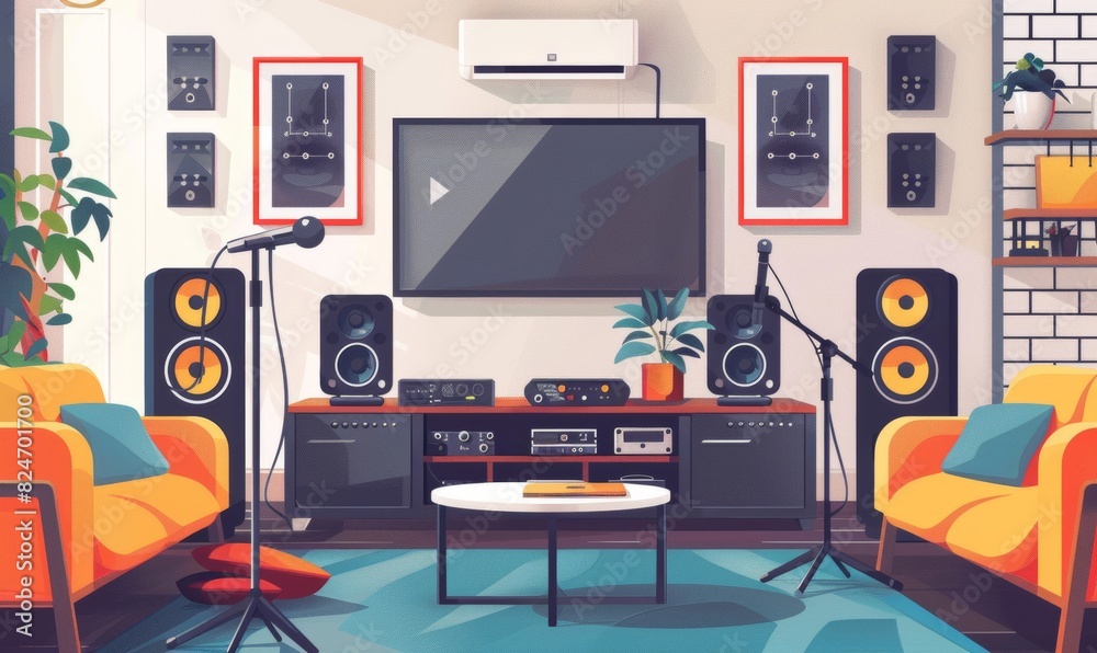 Home Karaoke Setup with Microphone and TV Showing Lyrics
Home Karaoke Setup with Microphone and TV Showing Lyrics