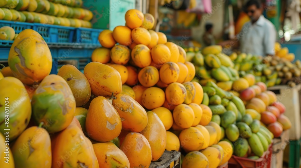 Fresh Mangoes Sold at Bustling Fruit Market, Juicy and Ripe Delights Await!
