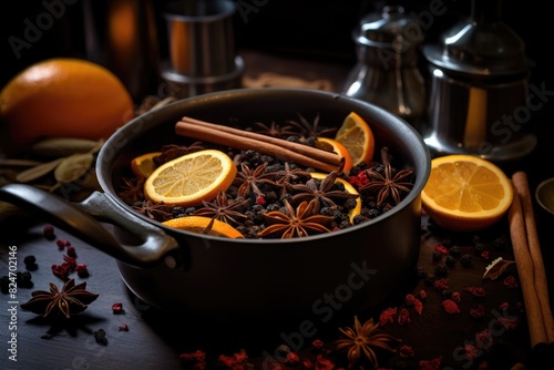 Mulled Wine Spices: Cloves, cinnamon, and orange peel infusing in mulled wine.
