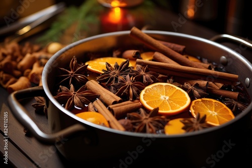 Mulled Wine Spices: Cloves, cinnamon, and orange peel infusing in mulled wine.