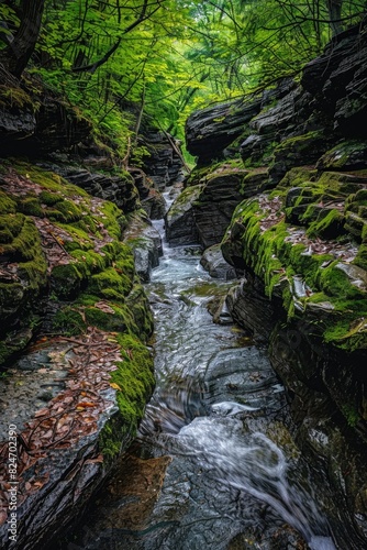 Peaceful stream flowing through vibrant forest  perfect for nature themes