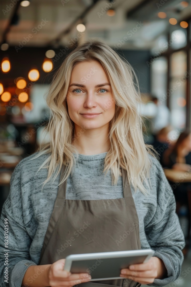 Middle-aged female restaurant owner wearing an apron while holding a tablet Middle-aged female restaurant owner wearing an apron while holding a tablet
