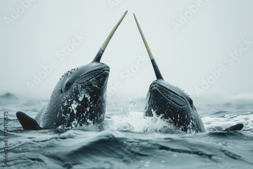 Two whales playing in the water. Suitable for marine themed designs photo