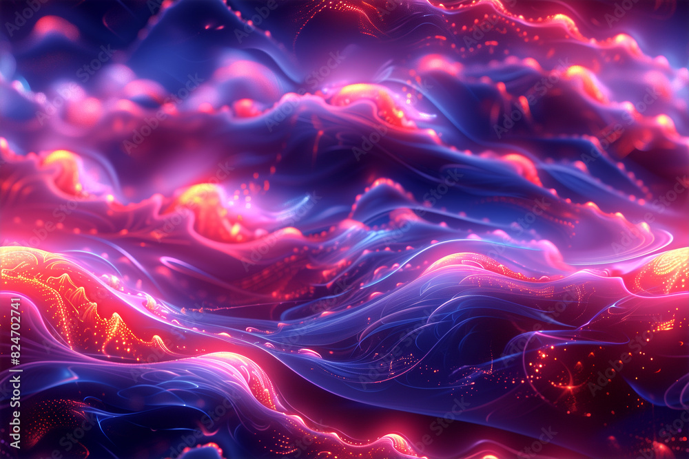 A colorful, abstract painting of a wave with a pink and blue background A colorful, abstract painting of a wave with a pink and blue background