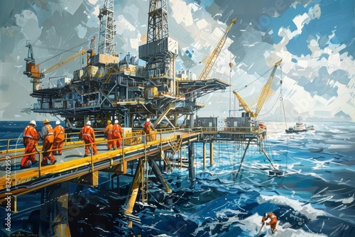 Oil Rig with Workers and Machinery Operating Efficiently
 photo