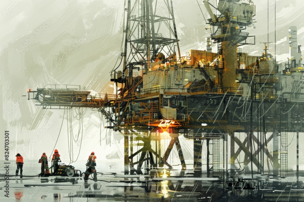 Oil Rig with Workers and Machinery Operating Efficiently
