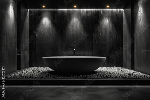 A minimalist bathroom with accent lighting, deep blacks, subtle artificial lighting, and textured stone creating a calming and spacious atmosphere that exemplifies thoughtful simplicity and elegance. photo