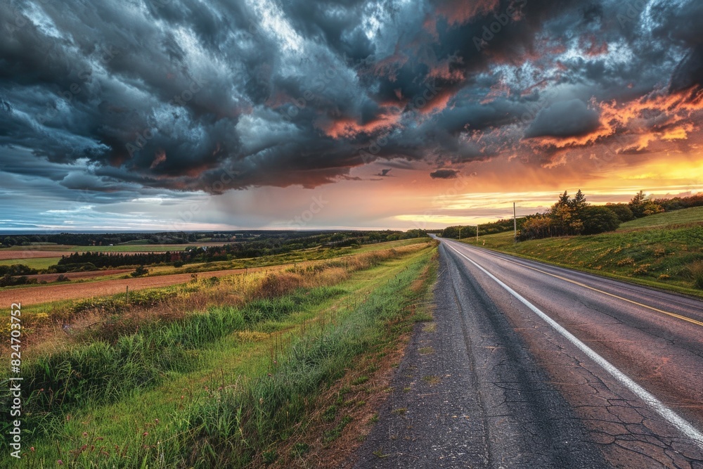 A deserted road with a cloudy sky in the background. Suitable for various travel and weather concepts