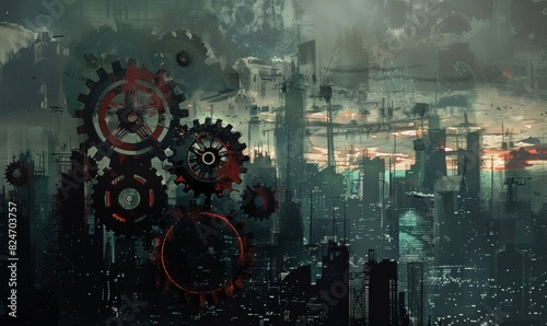 Artistic Depiction of Cogs and Gears Blending into City Skyline 