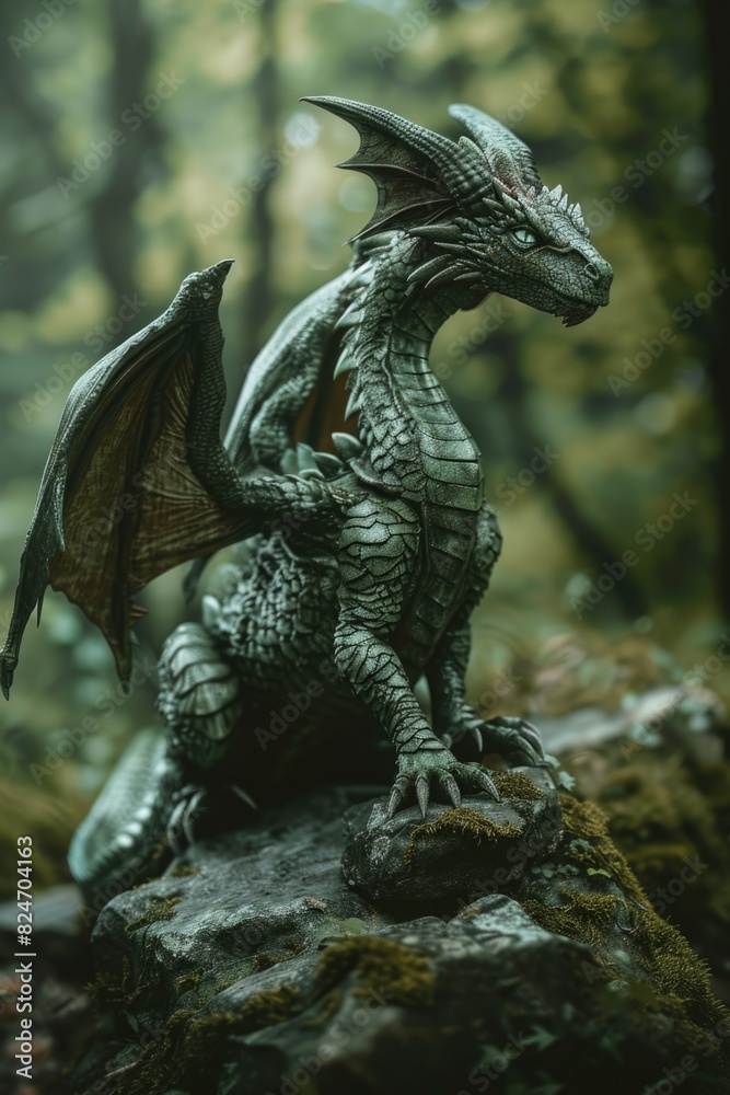 A majestic dragon statue perched on a rocky outcrop. Ideal for fantasy-themed designs A majestic dragon statue perched on a rocky outcrop. Ideal for fantasy-themed designs