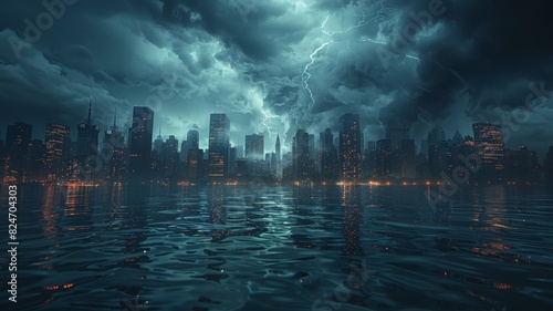 A cityscape under dark, stormy skies with intense lightning strikes and reflections in the water, creating a dramatic scene.