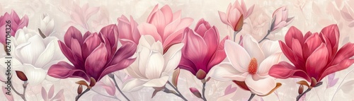Vibrant and detailed botanical illustration of magnolias with petals ranging from deep pink to pure white, set against a soft, textured background to enhance visual depth