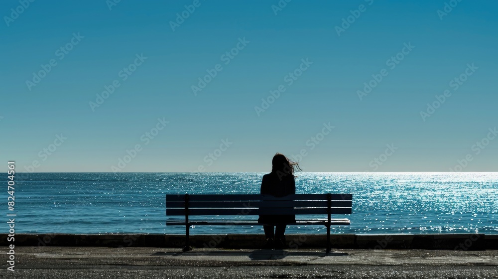 A woman sitting on a bench overlooking the ocean. Suitable for travel and relaxation concepts