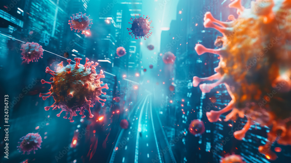 Obraz premium The virus is over the city. Virus protection of the megalopolis. The spread of the virus through the air. Covid, flu, SARS