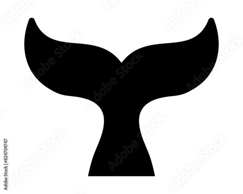 Whale tail icon. Black cetacean animal fin silhouette isolated on white background. Dolphin, orca, beluga or another marine mammal symbol. Sea or ocean theme emblem. Vector graphic illustration.