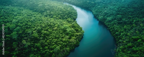 Aerial view of a winding river through a dense green rainforest  showcasing the natural beauty and diversity of the tropical ecosystem.