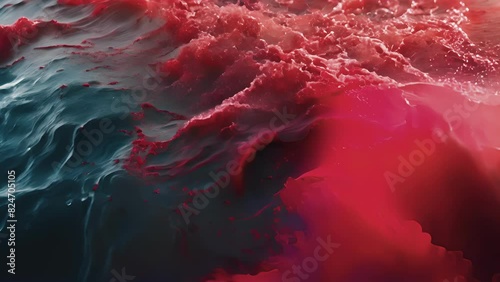 A thick red layer covers the oceans surface suffocating any marine life in its path.