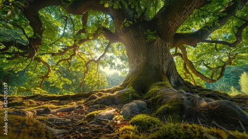 Majestic ancient oak tree with sprawling branches and green foliage, bathed in sunlight in a peaceful forest setting. © Tin