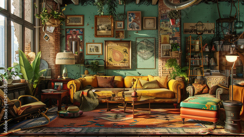 A bohemian living room with a mix of vintage and modern furnishings, vibrant colors, and eclectic patterns.  photo