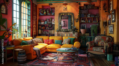 A bohemian living room with a mix of vintage and modern furnishings, vibrant colors, and eclectic patterns. 