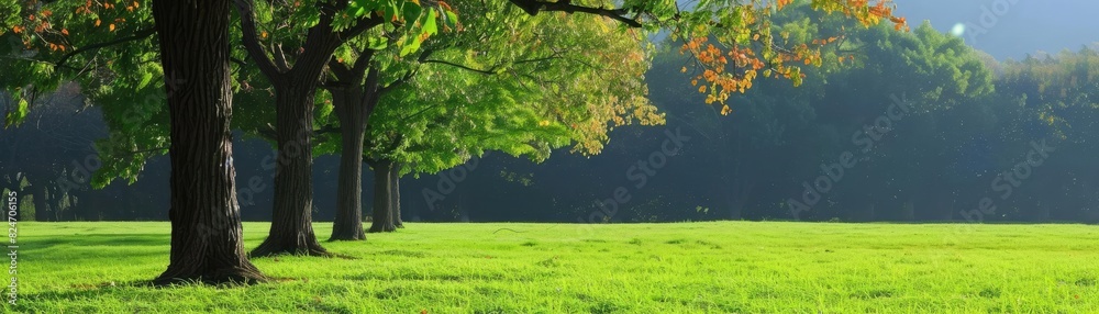 A beautiful, serene park landscape with green grass, tall trees, and sunlight filtering through leaves on a peaceful morning. A beautiful, serene park landscape with green grass, tall trees, and sunlight filtering through leaves on a peaceful morning.