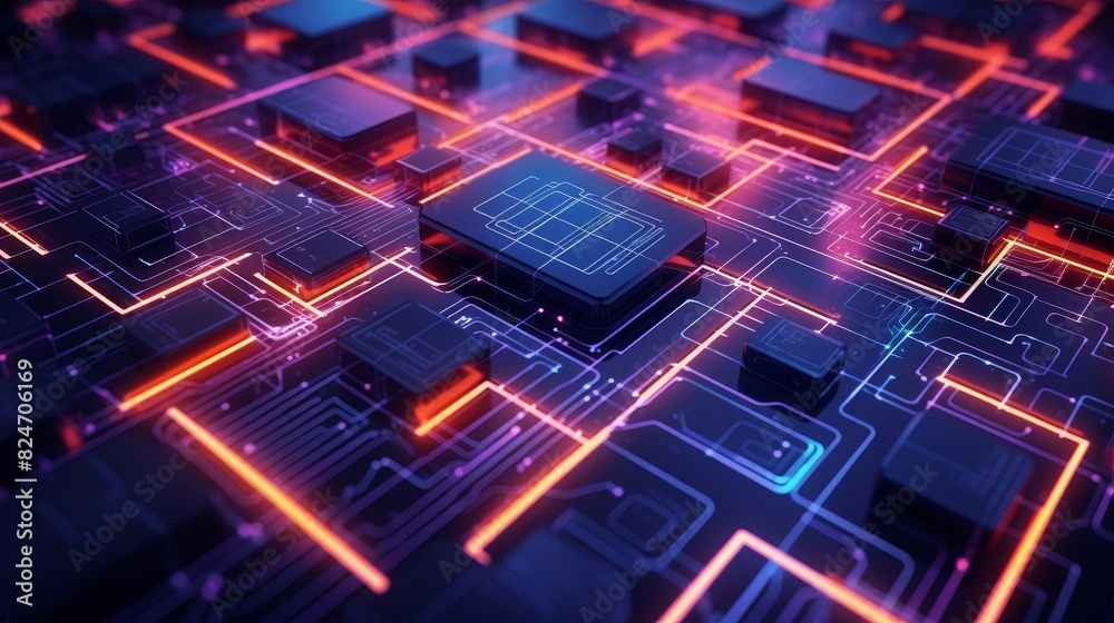 Virtualization technology scene of virtual machines network from a top view focusing on virtual resources in a Cyberpunk tone with an Analogous Color Scheme Virtualization technology scene of virtual machines network from a top view focusing on virtual resources in a Cyberpunk tone with an Analogous Color Scheme