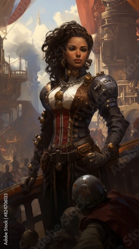 Steampunk queen with her mechanized troops in an industrial city from a top view showcasing steampowered machines in a Cyberpunk tone with a Splitcomplementary color scheme