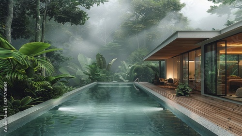 The swimming pool in front of an open wooden terrace surrounded by lush tropical vegetation  a minimalist house nestled within dense jungle foliage  with a misty atmosphere enveloping. Generative AI.