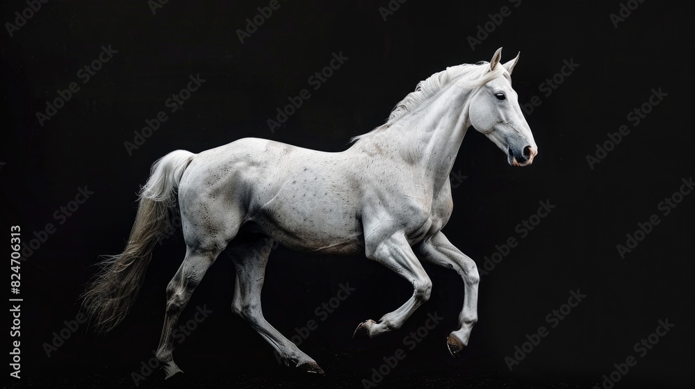Majestic white horse galloping on a dramatic black background. Suitable for equestrian or fantasy themed projects