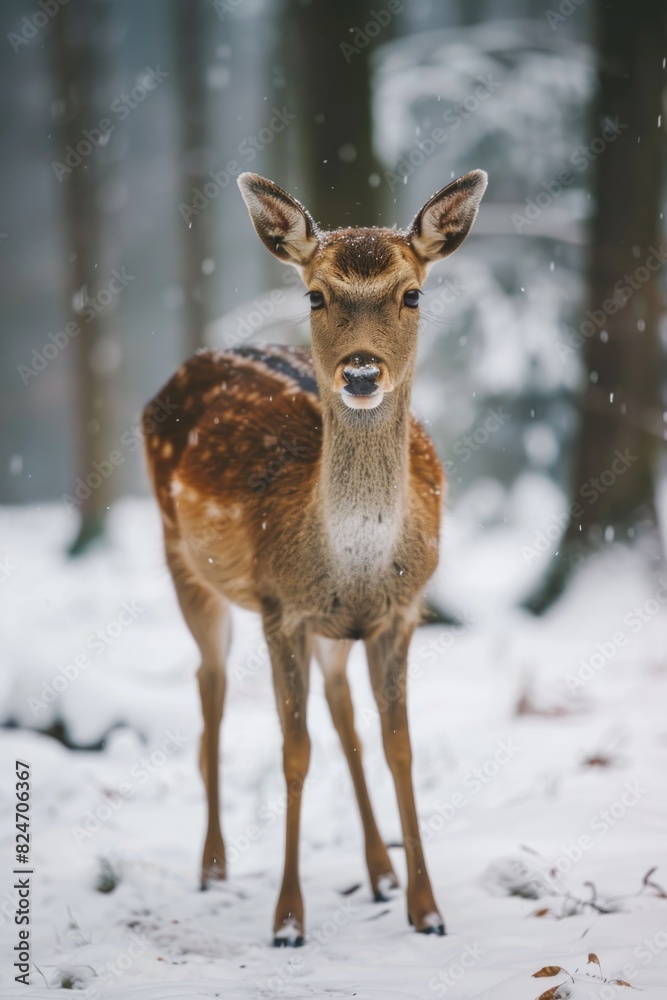 A majestic deer standing in a snowy forest. Suitable for nature and winter themed designs A majestic deer standing in a snowy forest. Suitable for nature and winter themed designs