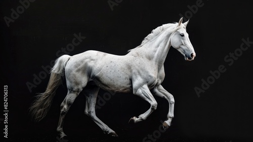 Majestic white horse galloping on a dramatic black background. Suitable for equestrian or fantasy themed projects © Fotograf