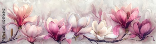 Vibrant and detailed botanical illustration of magnolias with petals ranging from deep pink to pure white  set against a soft  textured background to enhance visual depth