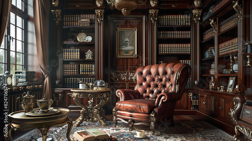A classic English living room with a leather-bound library, a wingback armchair, and a tea set on a silver tray.  photo