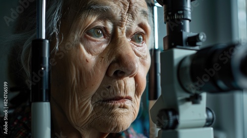 Elderly woman examining something through her glasses, suitable for various concepts
