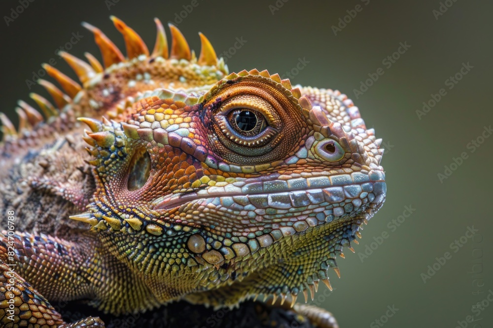 Close up of a lizard's face with a blurry background. Suitable for nature and wildlife themes
